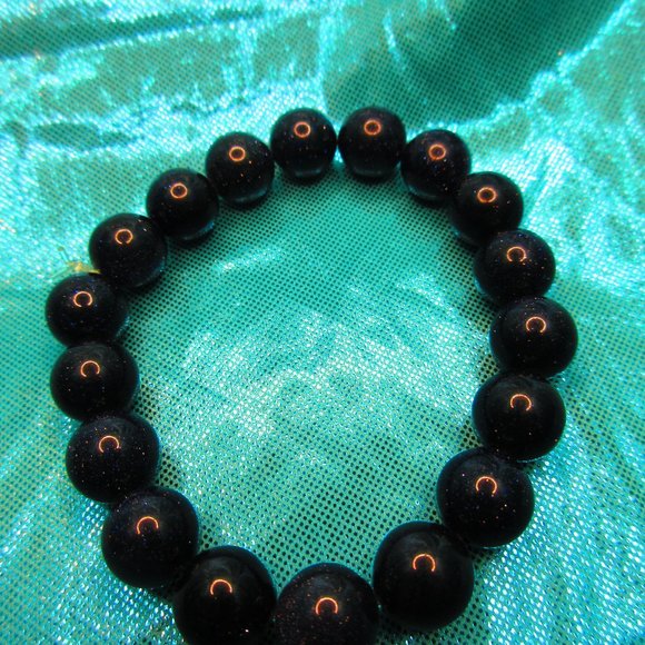 Blue Goldstone 10mm Round 7" Stretchy Gemstone Bracelet - Picture 2 of 3